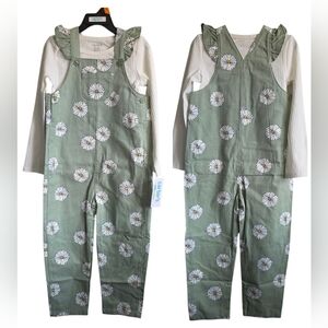 Carter's Green Floral Overalls with White Long Sleeve Shirt Girls 4T